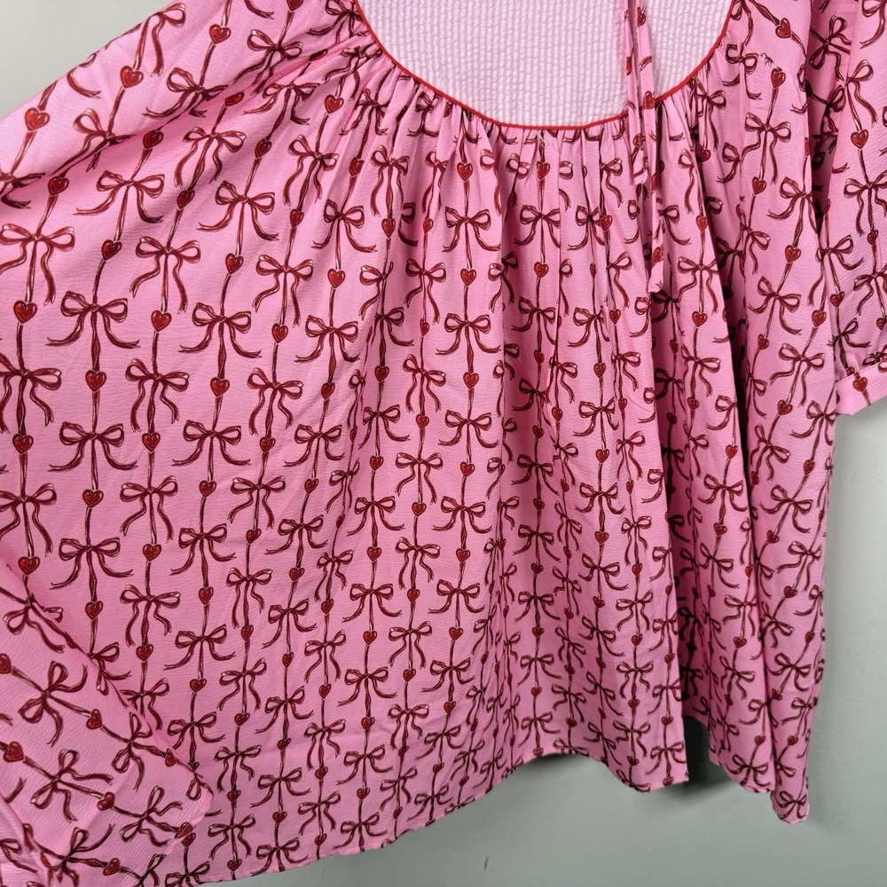 Simply Southern Pink Bow Yoke Babydoll Dress Puff Sleeve Valentine Coquette L - Picture 5 of 13